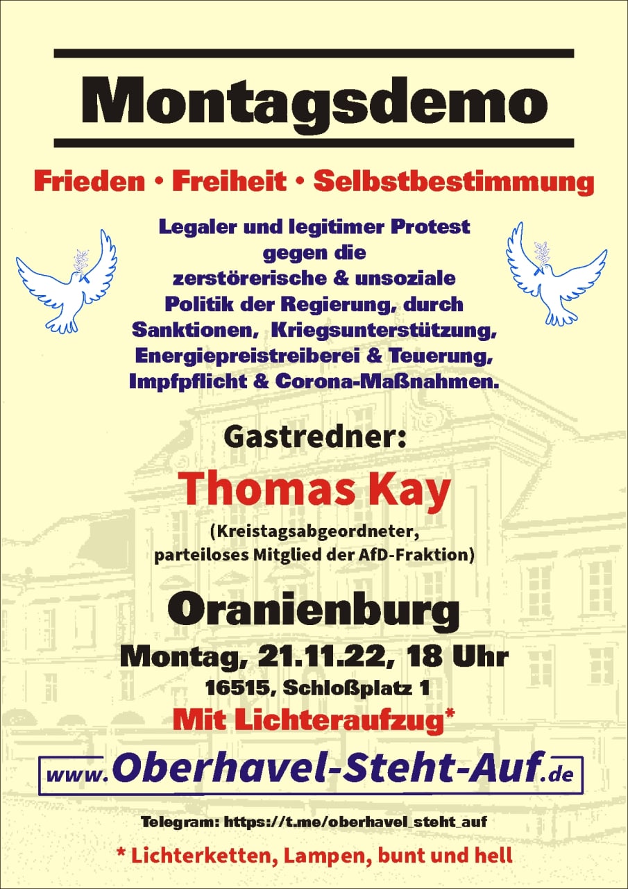 Montagsdemo mit Lichteraufzug, 21.11., 18 Uhr Oranienburg mit Gastredner Thomas Kay