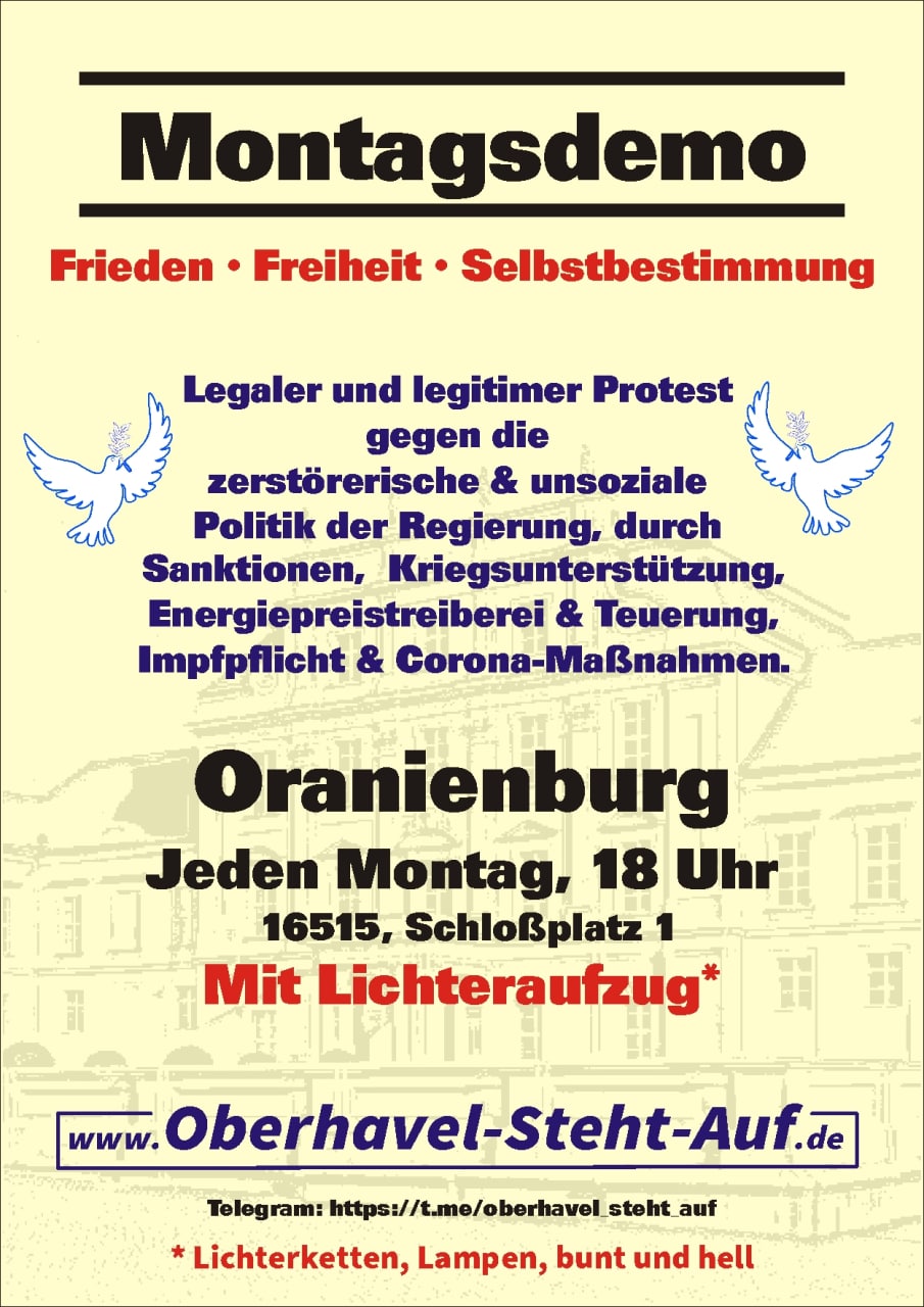 Jeden Montag: Demo mit Lichteraufzug, 18 Uhr, Oranienburg Schlossplatz
