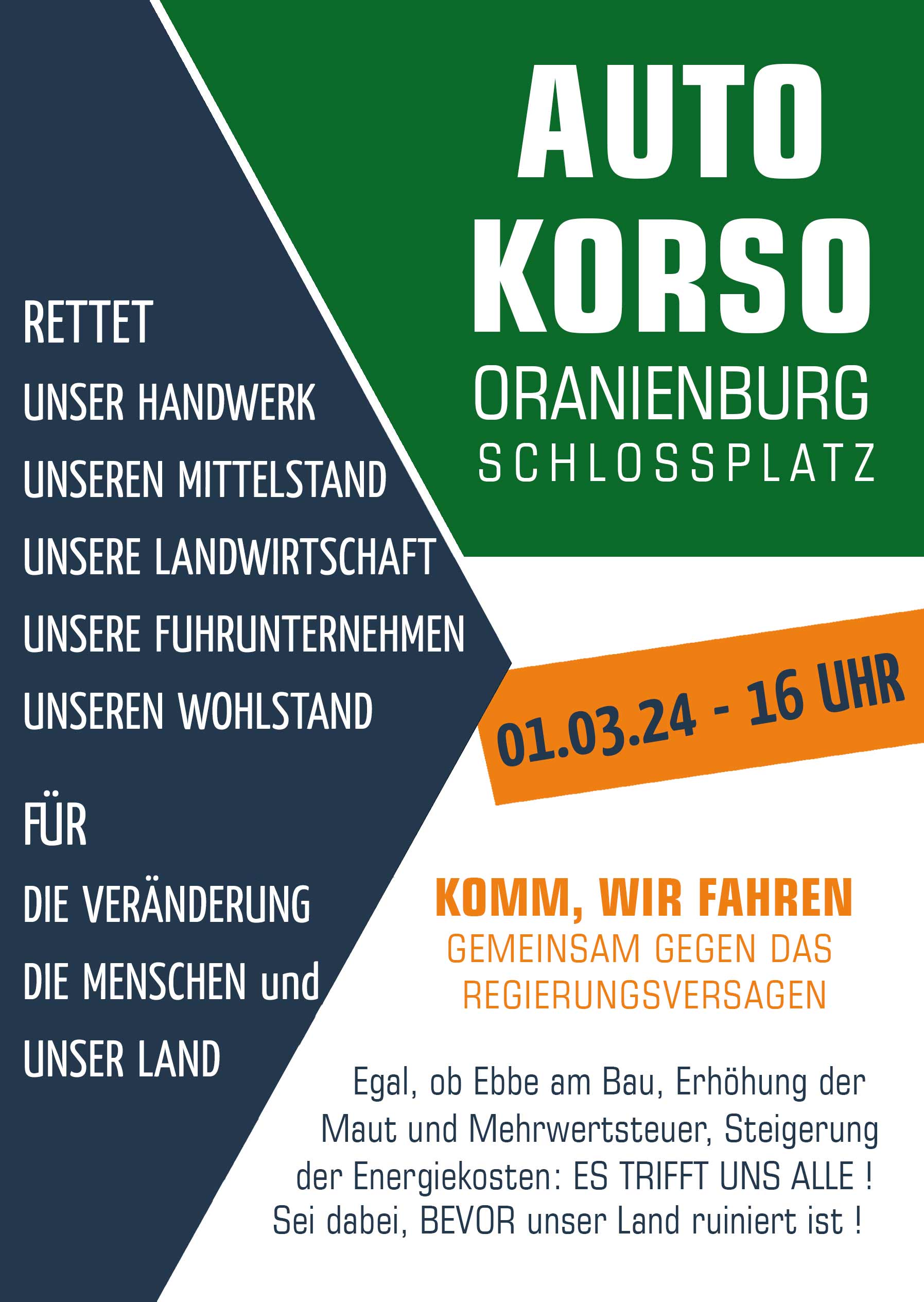 01.03.2024 um 16 Uhr: Autokorso durch Oberhavel // Treffpunkt: Oranienburg am Schlossplatz