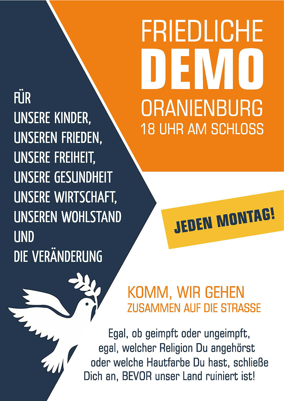 Jeden Montag: Demo mit Lichteraufzug, 18 Uhr, Oranienburg Schlossplatz